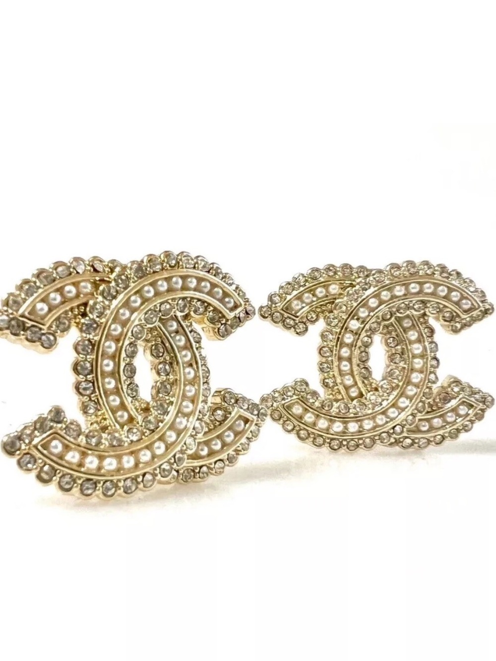 Chanel Pearl and Crystal Stud Logo Earrings EUC